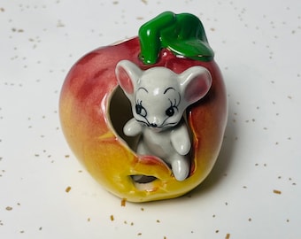 Kitsch Mouse In Apple Toothpick holder Japan Made Anthropomorphic Cute Collectible