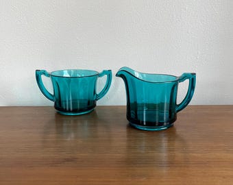 Rare Vintage Teal Glass Ribbed Cream And Sugar Bowl Set
