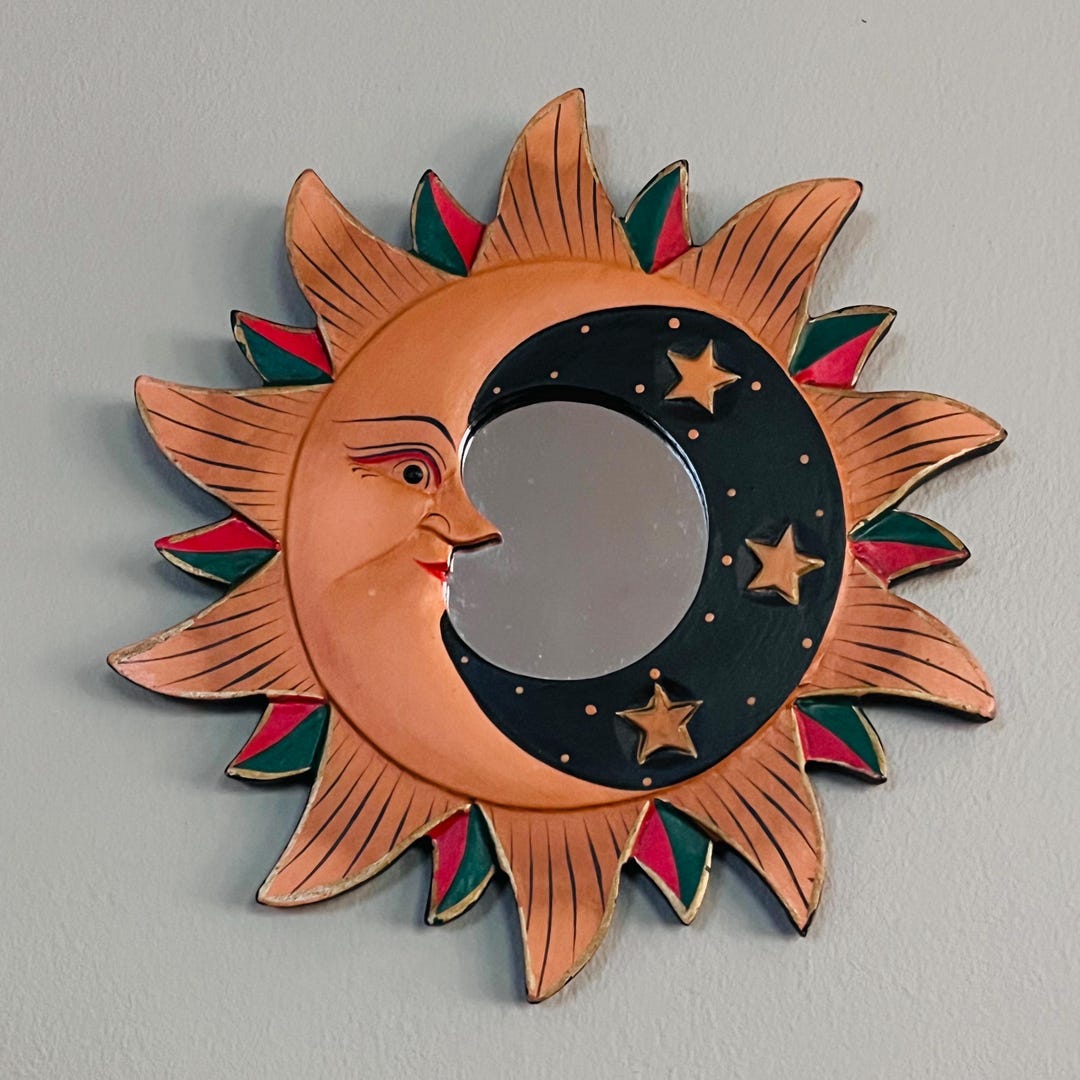 Vintage Wood Celestial Sun and Moon Mirror Wall Decor Etsy