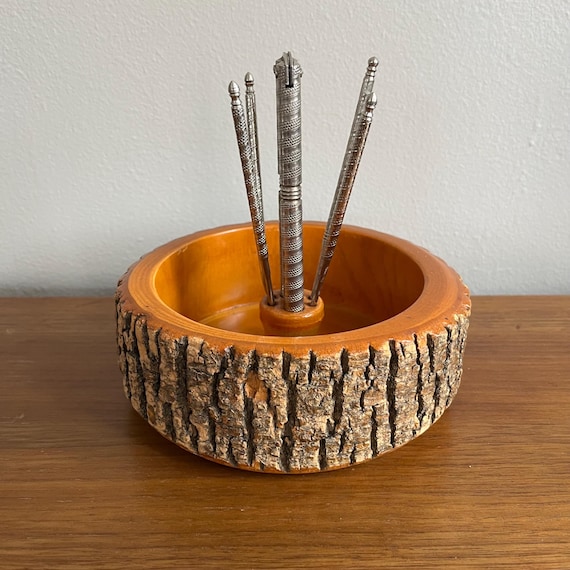 Vintage Live Edge Wood Nut Bowl Set: Mid Century Rustic Decor