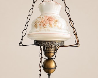 Vintage Hanging Swag Lamp, Floral Milk Glass Pendant Light: Cottagecore Ceiling Lamp