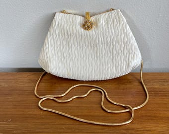 Vintage Cream Crossbody With Gold Tone Metal Hardware: Formal Wedding Romantic Styling