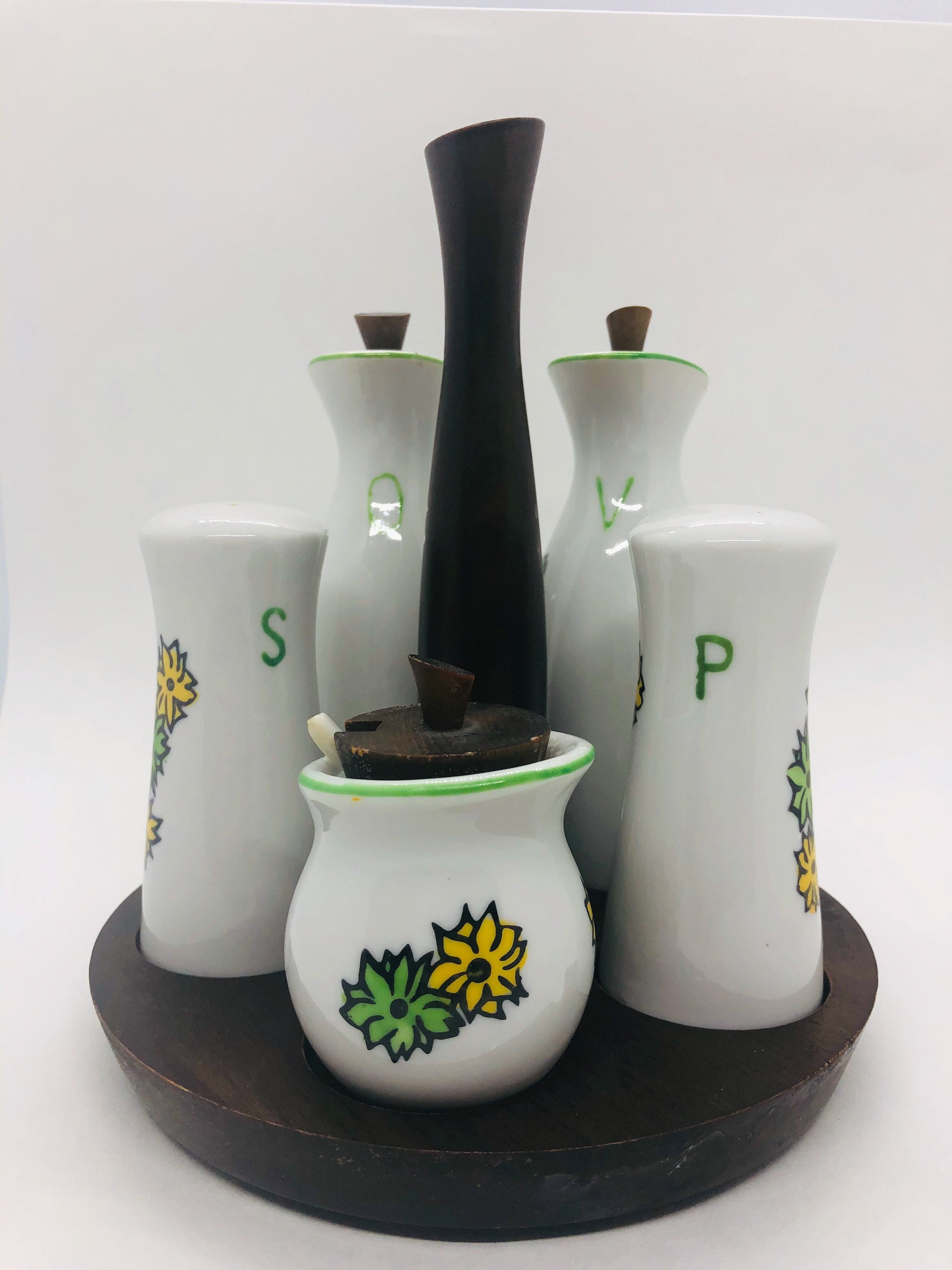 Vintage Oil Vinegar Salt & Pepper Shakers Caddy Flower Power Etsy