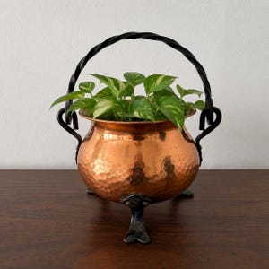 Hammered Copper Cauldron Pot, Rustic Wrought Iron Handle, Primitive Decor