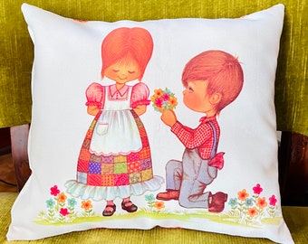 1970’s Kitsch Accent Pillow Vintage Throw Pillow Girl And Boy