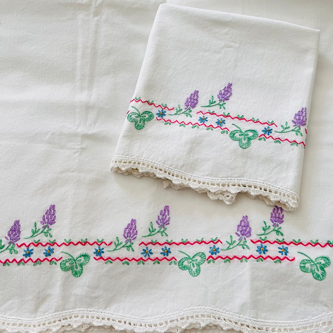 Embroidered Cotton Pillowcases Handmade Vintage Bedding Etsy