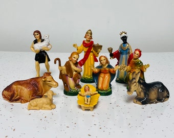 Vintage Nativity Figure Set Of 10 Hong Kong Hard Plastic Christmas Holy Family