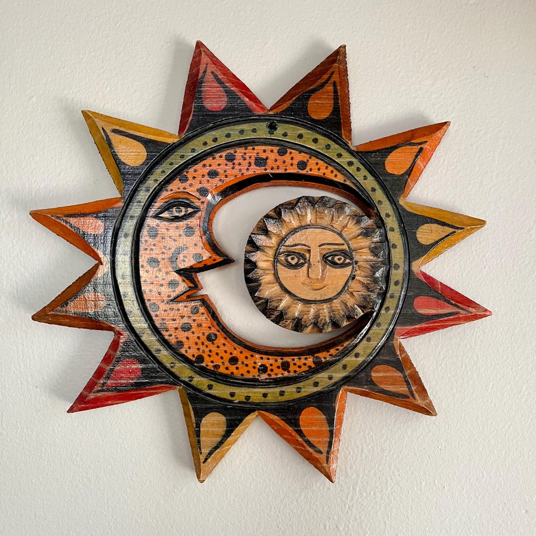 Vintage Wood Celestial Sun and Moon Wall Decor, Retro Sun and Moon ...