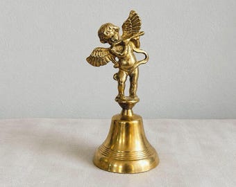 Vintage Brass Cherub Bell Figurine | Angel Playing Flute | Hollywood Regency Decor