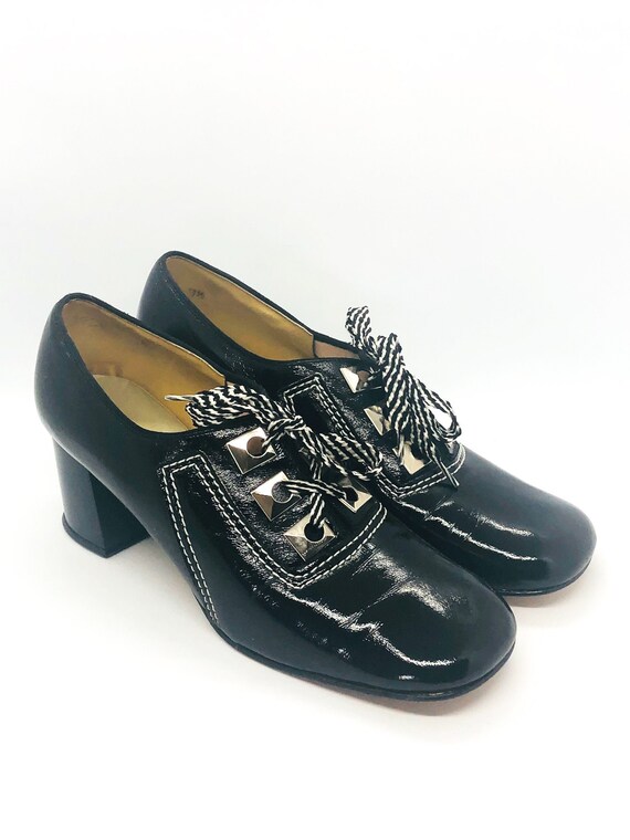 60s Mod Black Leather Patent Shoes, High Heels, Pa