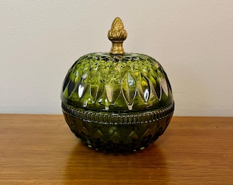 Vintage Green Glass Lidded Candy Dish, Sugar Bowl, Catchall: MCM Mount Vernon Indiana Glass