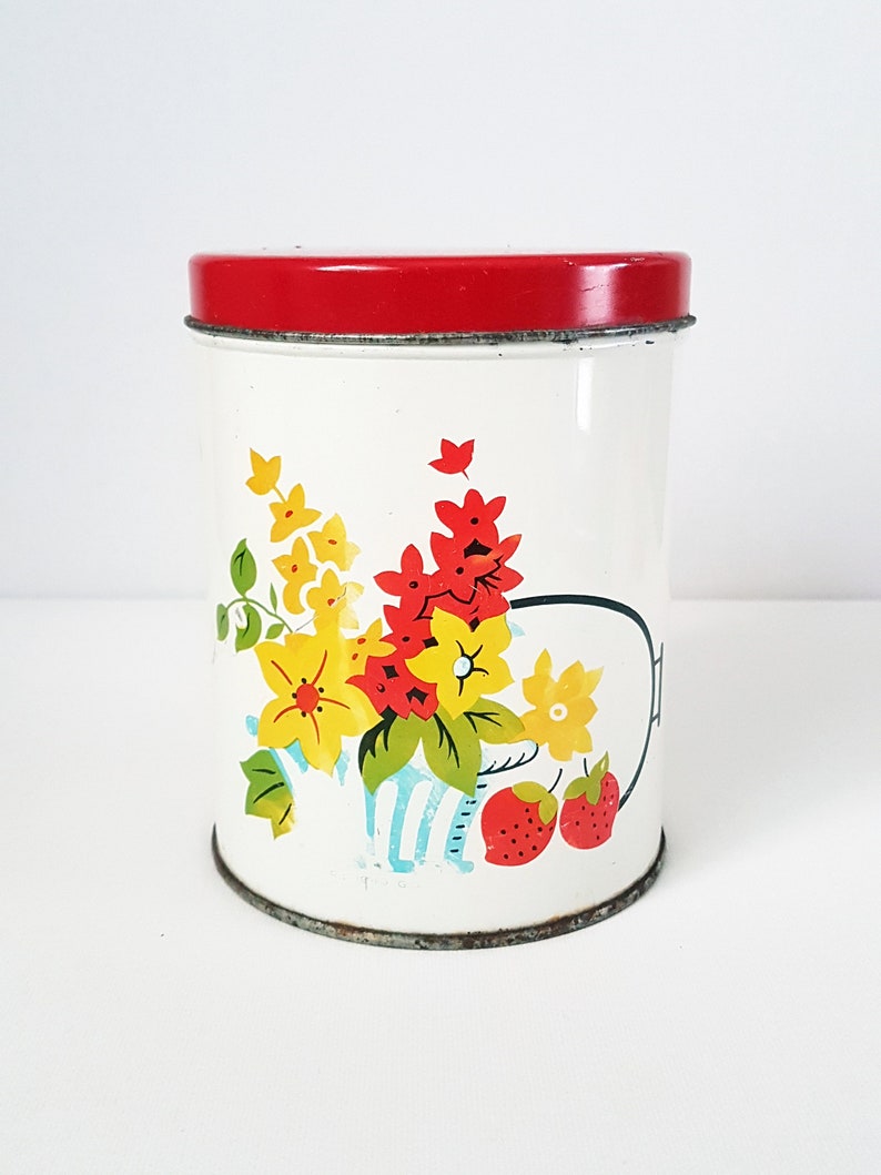 Strawberry Design Vintage Tin Vintage Country Decor Farmhouse Decor Red And White Tin With Yellow Red Flower