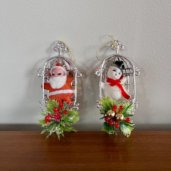 Adornos navideños kitsch vintage de Papá Noel y muñeco de nieve