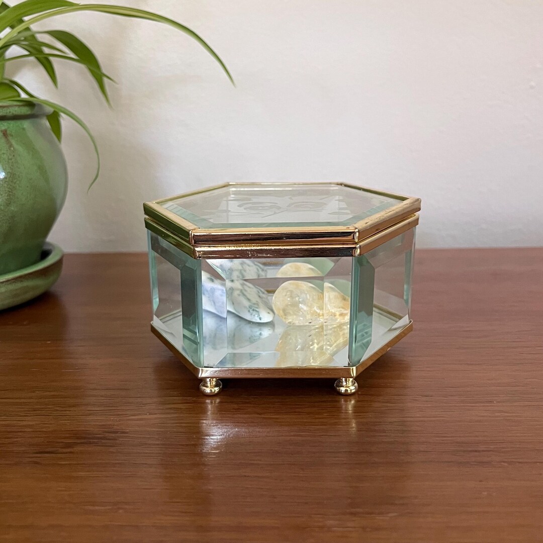 Vintage Etched Beveled Glass Curio Box: Brass Jewelry Storage - Etsy