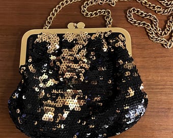 Bolso de noche vintage con cuentas de Lise Watier, lentejuelas negras y doradas