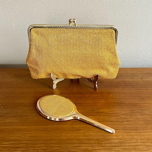 Vintage German Gold Fabric Clutch Make Up Bag Matching Hand Mirror