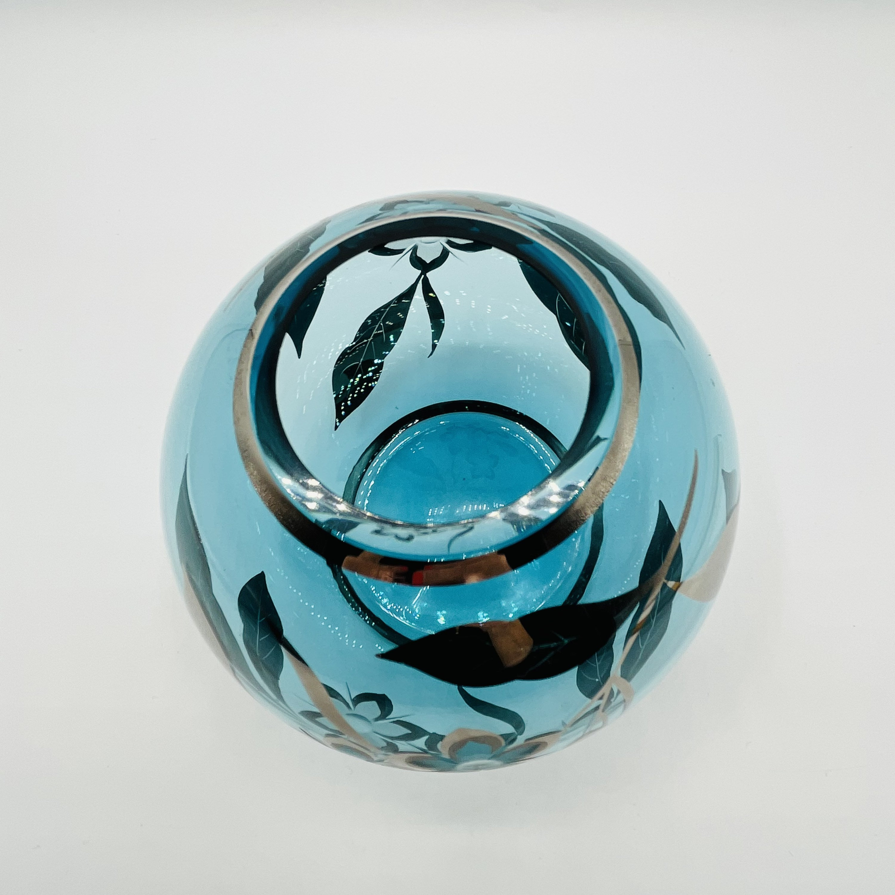 Turquoise Art Glass Bowl Silver Overlay Round Blue Glass Vase Etsy