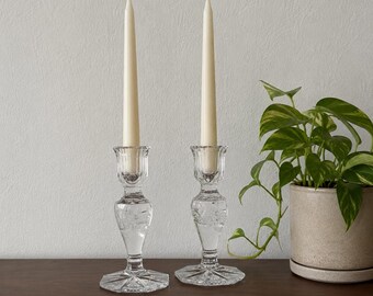 Vintage Pinwheel Crystal Candle Holders: Etched Glass Candlestick Set