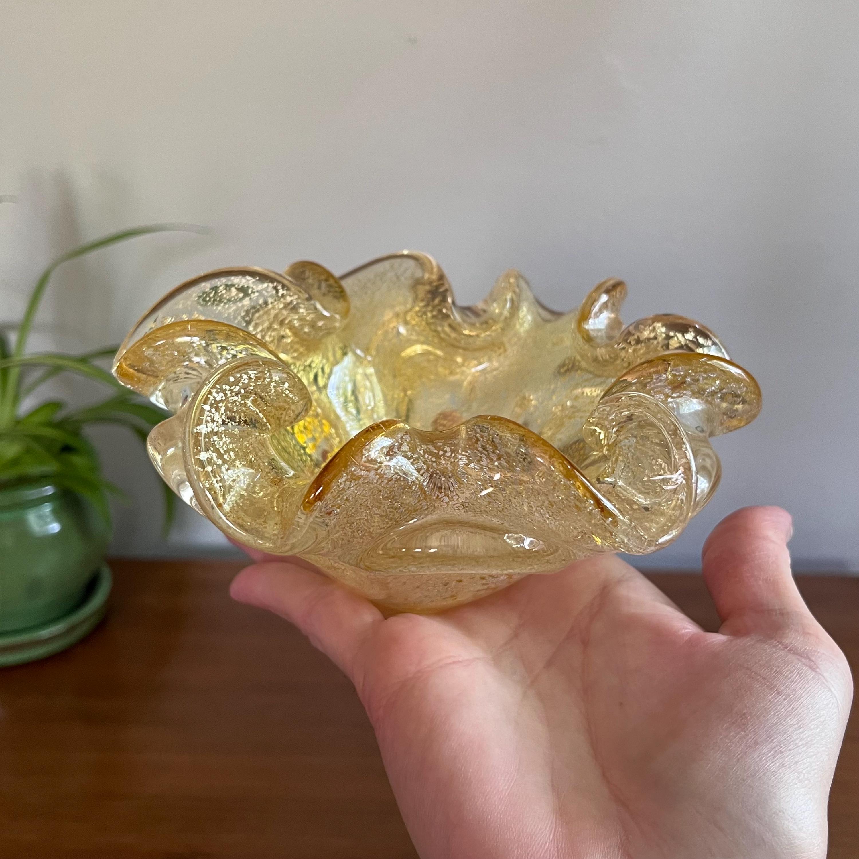 Vintage Murano Glass Bowl: Gold Aventurine Flecks, Italian Art