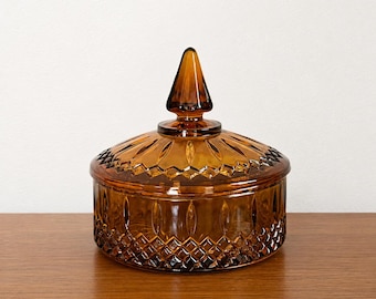 Bonbonnière brun miel Indiana vintage en verre – Rangement pour bibelots avec couvercle, motif princesse, pointe de diamant