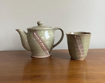 Vintage Japanese Stoneware Tea Set: Green Matcha Tea Pot & Cup