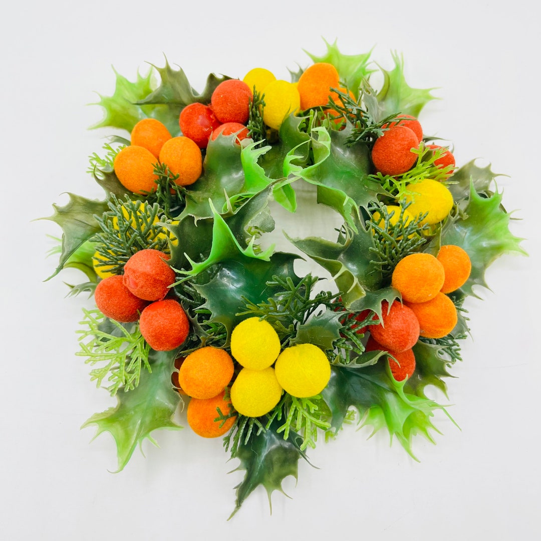 Flocked Holly Berry Candle Ring Wreath Kitsch Christmas Holiday Decor
