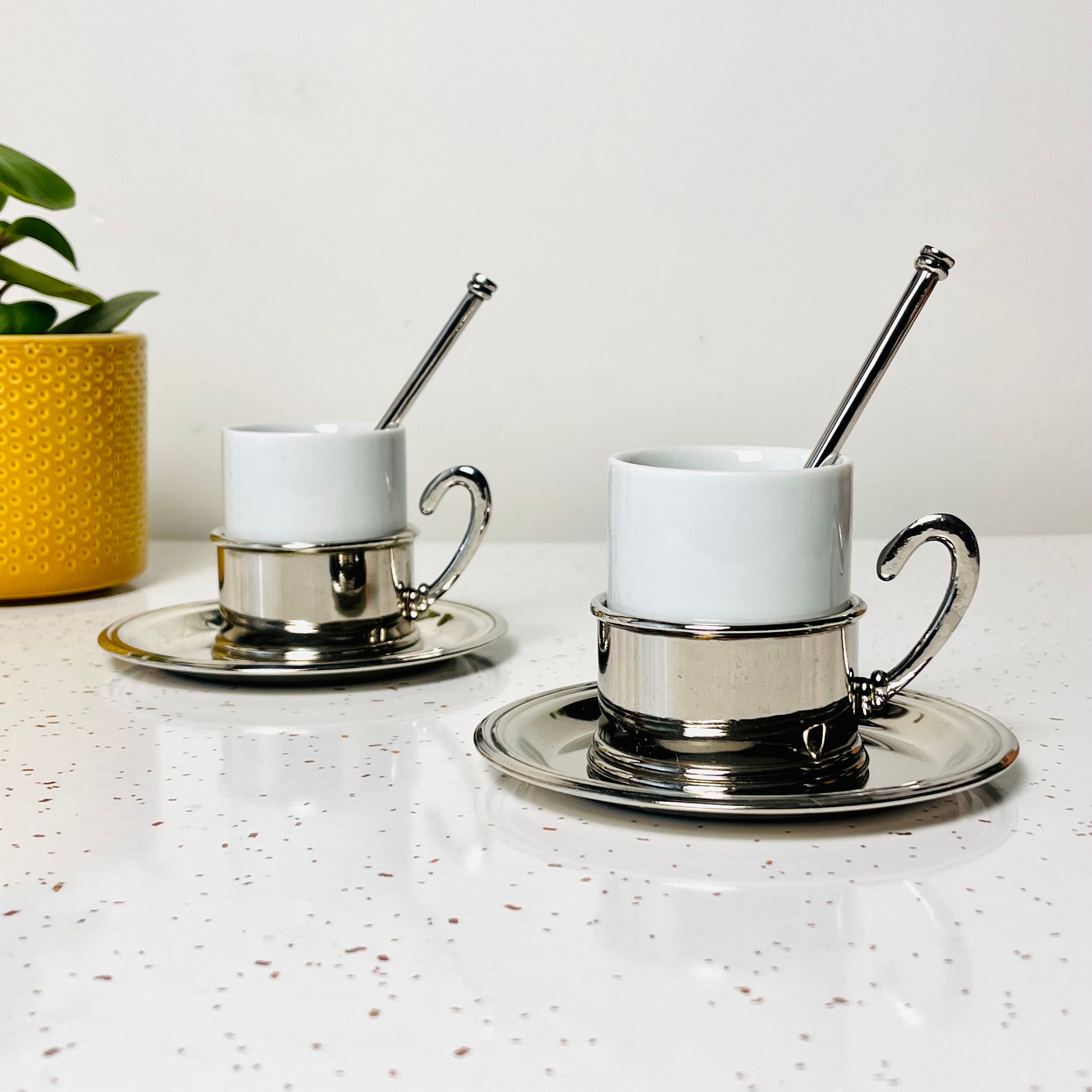 Espresso Cup, Spoon & Saucer Set, Stackable Demitasse Cups with Metal Black