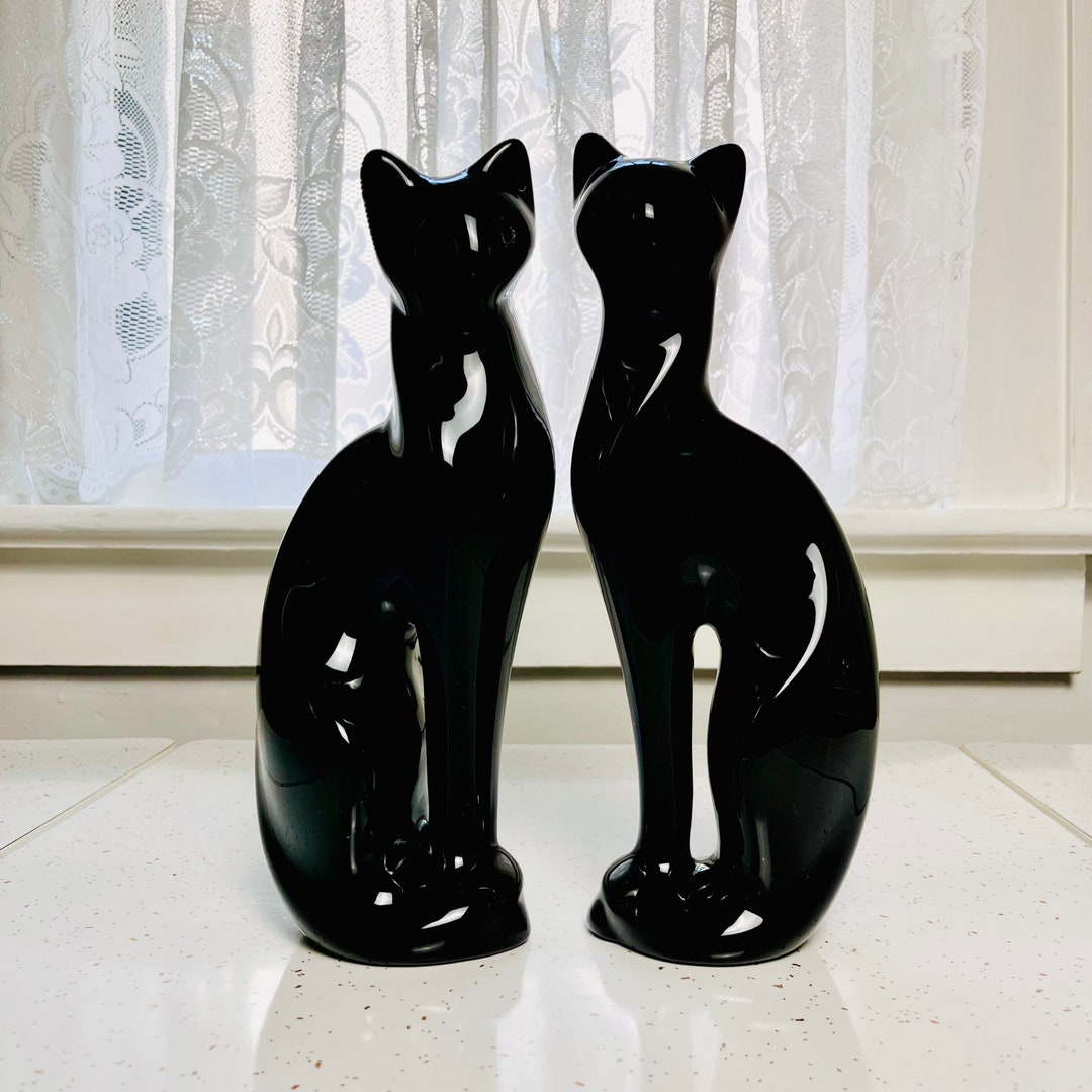 Modernist Ceramic Black Cat Statues Vintage Mid Century Modern Etsy