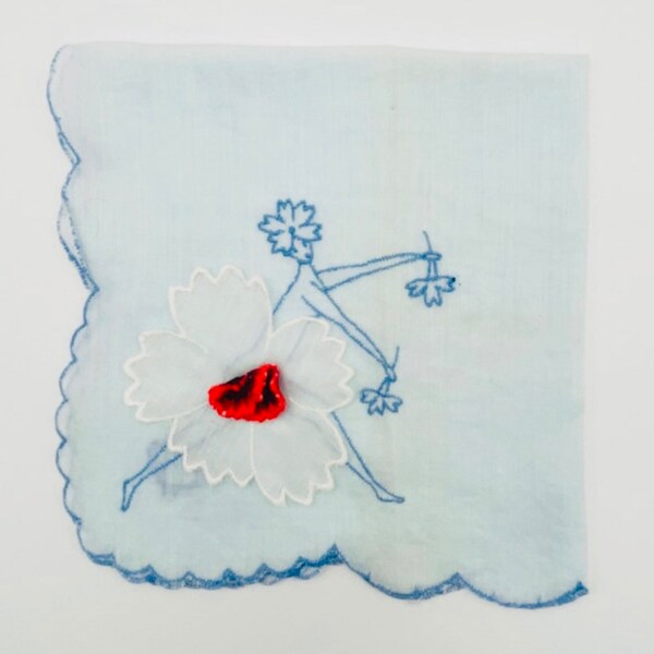 Vintage Blue Handkerchief With Embroidered Lady 3D White Flower Skirt With Red Poppy