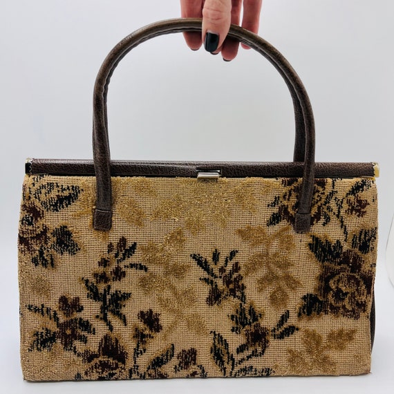 1960s Julius Resnick Carpet Handbag Two Toned Brown Roses 