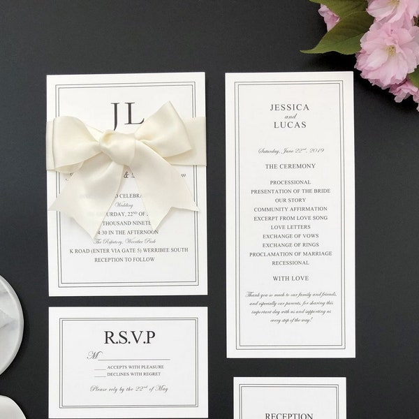 Elegant White and Black Wedding Invitations with Ivory Ribbon