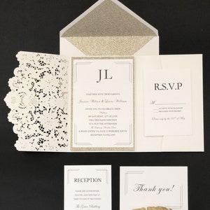 elegant ivory and gold wedding invitations laser cut with Free RSVP Cards