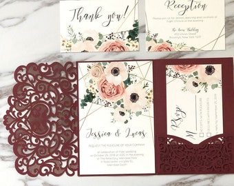burgundy and pink wedding invitations with floral laser cut pockets FREE RSVP cards