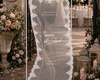 Vintage Lace Wedding Welcome Sign for Bridal Shower: Clear Tulle, Fabric Engagement Signage Backdrop