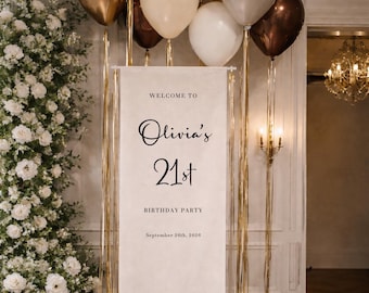 Custom Linen Bithday Welcome Sign – 21st Birthday Sign, Fabric Event Signs, Customized Names & Date