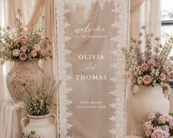 Romantic Lace Sheer Wedding Welcome Sign: White Lettering Fabric Ceremony Reception Sign Banner