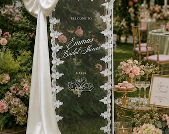 Sheer Lace Bridal Shower Welcome Sign with Big Bow: Wedding Welcome Banner Backdrop