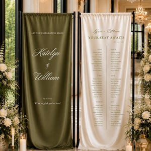 Puede incluir: Dos pancartas verticales de tela sobre soportes de metal negro. La pancarta verde oliva de la izquierda dice: LET THE CELEBRATION BEGIN, Katelyn & William, 09.16.2027, We're so glad you're here! La pancarta crema de la derecha dice: Kyrie & Shawn, YOUR SEAT AWAITS, 10.09.2027.