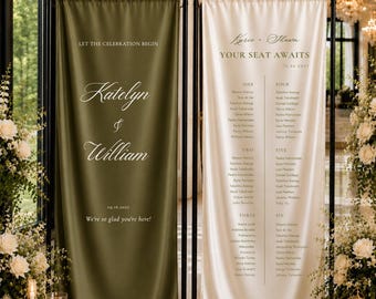 Satin Silk Olive Green Fabric Wedding Seating Chart - Backdrop & Welcome Sign