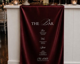 Personalized Burgundy Satin Silk Wedding Bar Sign – Custom Fabric Signature Drink Sign