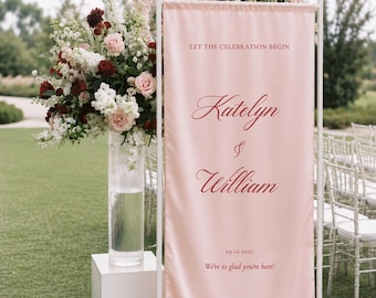 Personalized Blush Satin Silk Wedding Welcome Sign with Burgundy lettering – Custom Fabric Wedding Signage