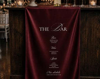 Personalized Burgundy Satin Silk Wedding Bar Menu Sign – Custom Fabric Wedding Signage