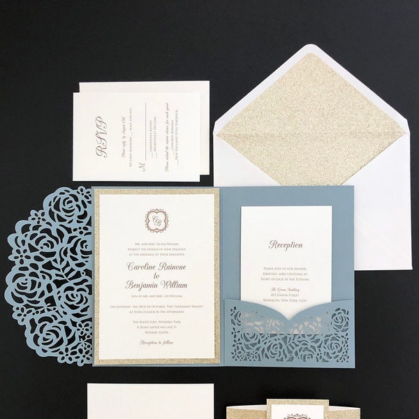 dusty blue and glitter gold elegant laser cut wedding invitation set