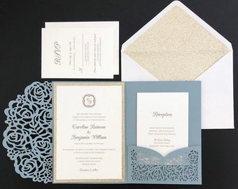 dusty blue and glitter gold elegant laser cut wedding invitation set