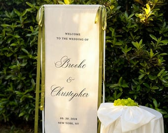 Personalized Linen Welcome Sign – Custom Fabric Wedding Signage, Rustic Ceremony Banner, Natural Cotton Decor, Customized Names & Date