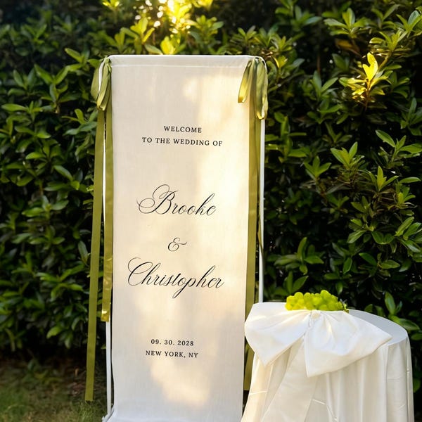 Personalized Linen Welcome Sign – Custom Fabric Wedding Signage, Rustic Ceremony Banner, Natural Cotton Decor, Customized Names & Date