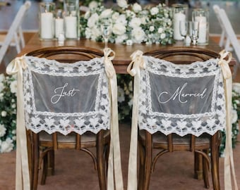 Just Married Signs for Chairs, Sheer Lace  Bride and Groom Sweetheart Table Sign Decor