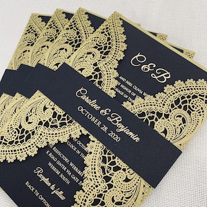 Vintage goud en zwarte Gatsby thema laser gesneden bruiloft uitnodigingen met gratis RSVP kaarten