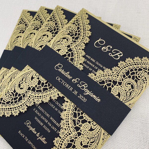 Vintage Gold and Black Gatsby Themed Laser Cut Wedding Invitations with FREE RSVP Cards