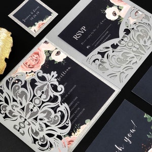 Navy and Pink Wedding Invitations with Silver Laser Cut Pocket-Free RSVP Cards